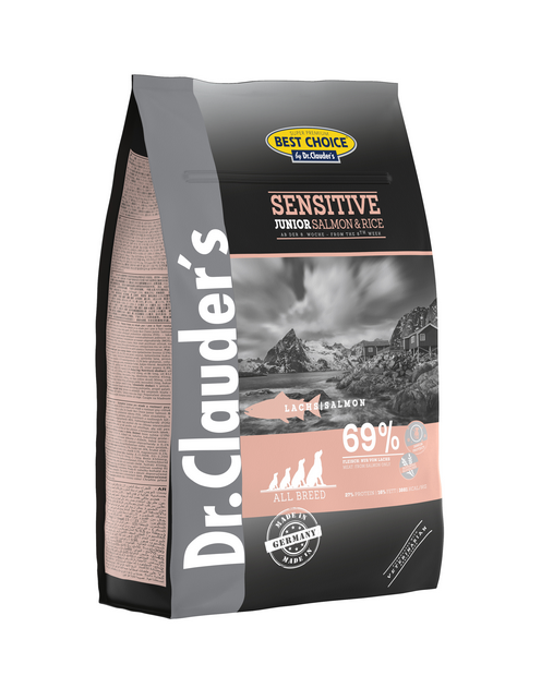 DR. CLAUDER'S SENSITIVE JUNIOR sausas maistas jauniems šunims su lašiša ir ryžiais 4kg
