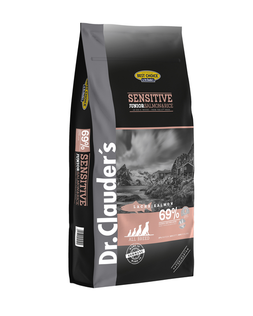 DR. CLAUDER'S SENSITIVE JUNIOR sausas maistas jauniems šunims su lašiša ir ryžiais 12.5kg