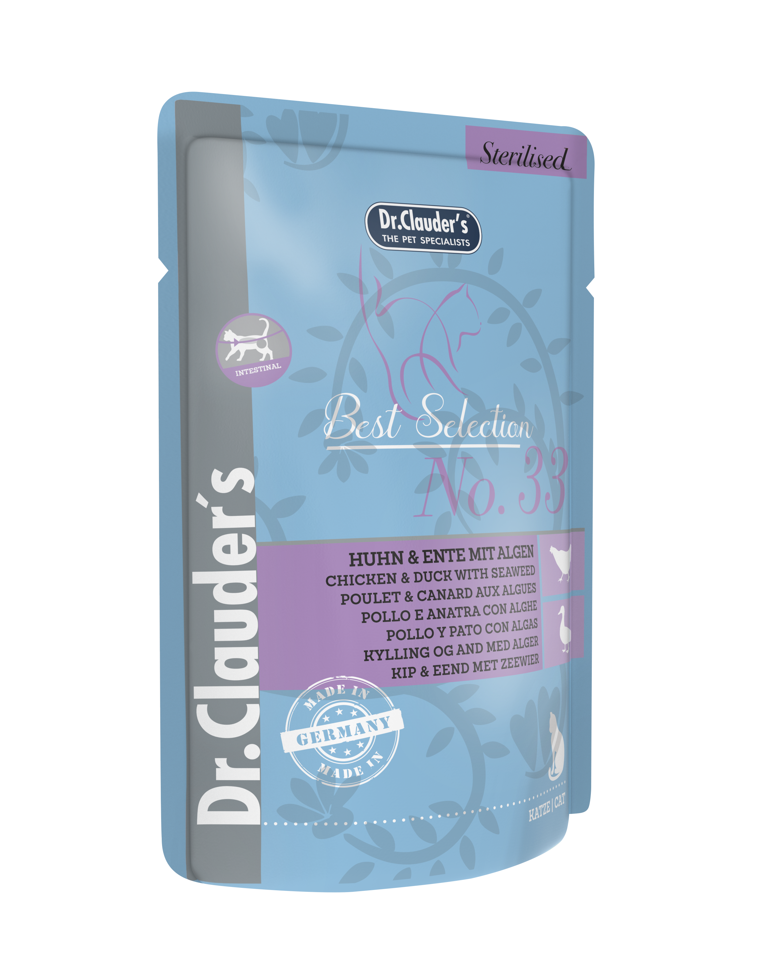 DR.CLAUDER‘S BEST SELECTION, drėgnas maistas sterilizuotoms katėms su vištiena, antiena ir jūros dumbliais