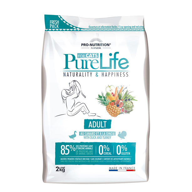 Pro nutrition Pure Life ADULT Begrūdis maistas suaugusioms katėms, taip pat turinčioms jautrų virškinimą. Su antiena ir kalakutiena 2kg