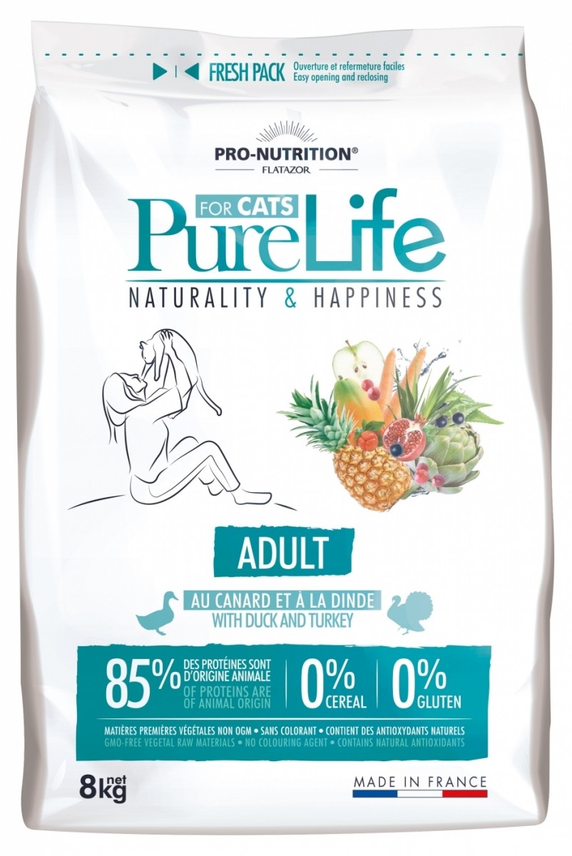 Pro nutrition Pure Life ADULT Begrūdis maistas suaugusioms katėms, taip pat turinčioms jautrų virškinimą. Su antiena ir kalakutiena 8kg