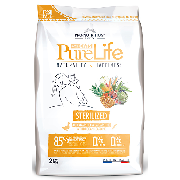 Pro nutrition Pure Life STERILIZED Begrūdis maistas suaugusioms sterilizuotom ir į nutukimą linkusiom katėm su antiena ir sardinių mėsa 2kg