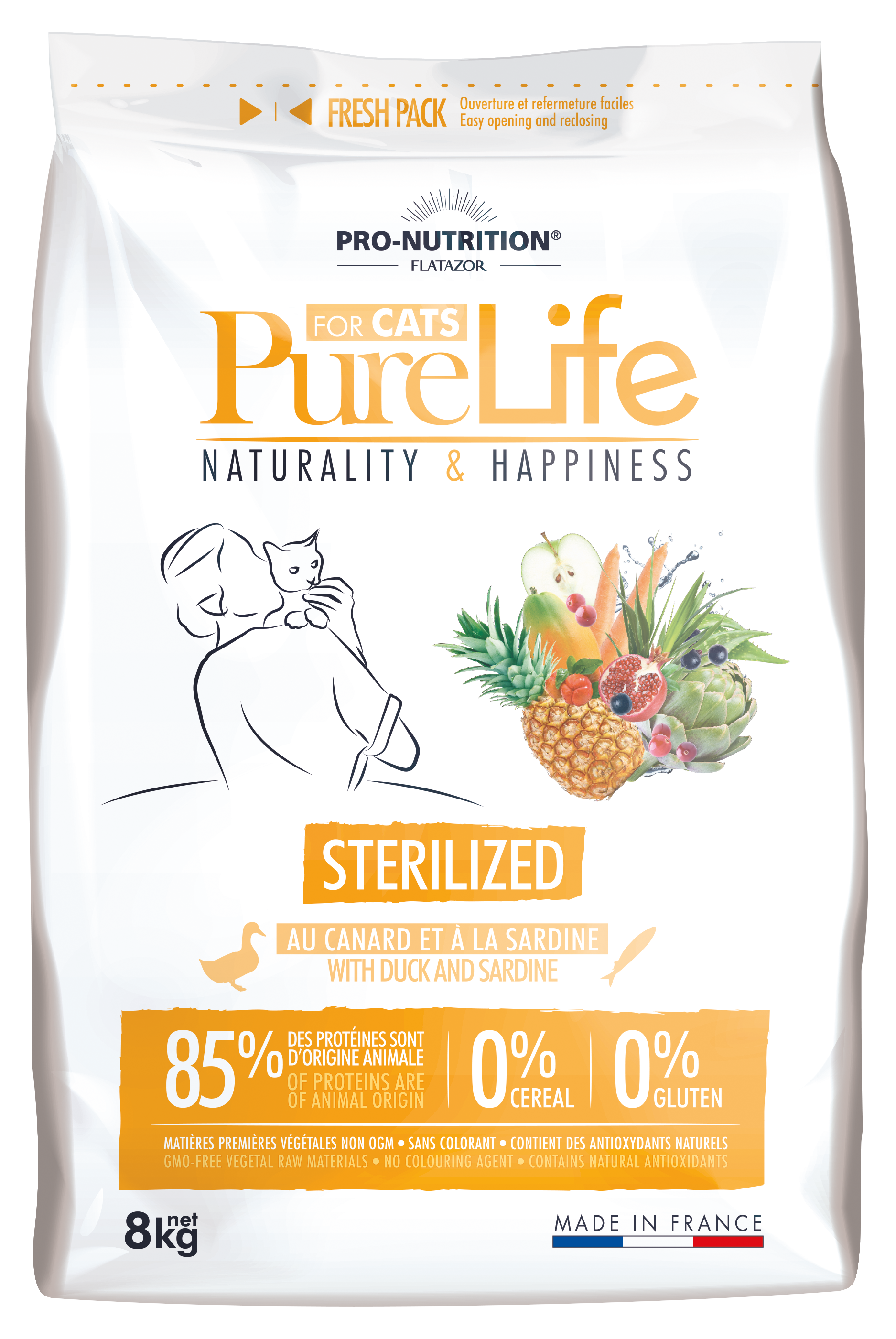 Pro nutrition Pure Life STERILIZED Begrūdis maistas suaugusioms sterilizuotom ir į nutukimą linkusiom katėm su antiena ir sardinių mėsa 8kg